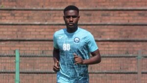 Defender Abdi Banda warming up at Richards Bay