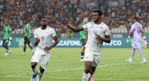 Bafana Bafana midfielders Aubrey Modiba and Teboho Mokoena celebrating a goal
