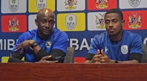 Collin Benjamin and Joslin Kamatuka addressing the media.