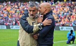 Orlando Pirates coach Jose Riveiro with Miguel Cardoso of Mamelodi Sundowns chatting