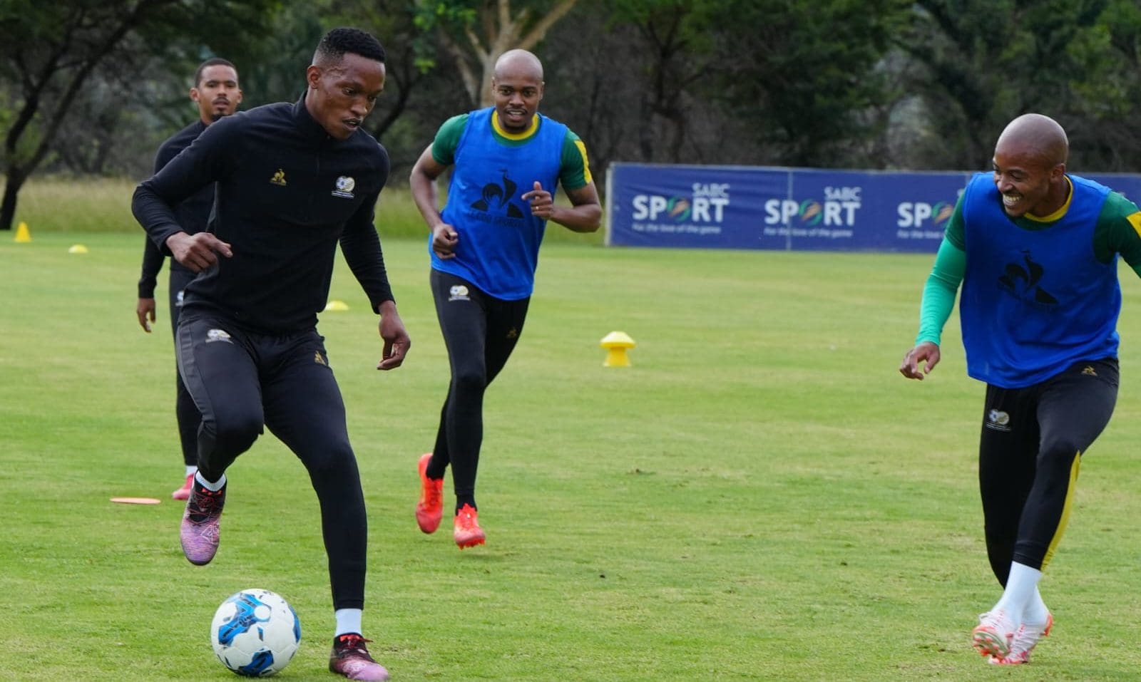 Grant Kekana, Percy Tau and Thapelo Morena during Bafana Bafana training session at the Ranch Resort