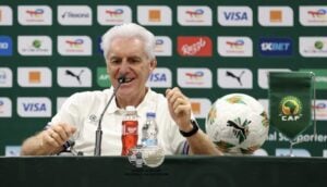 Bafana Bafana coach Hugo Broos speaking during the press conference