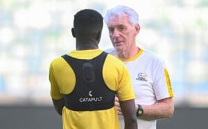 Bafana Bafana coach Hugo Broos having a chat with Teboho Mokoena