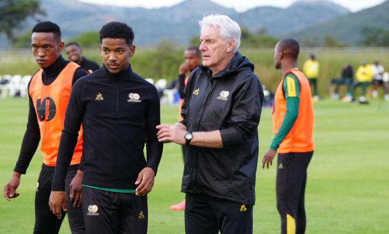 Jayden Adams and coach Hugo Broos during Bafana Bafana training session at the Ranch Resort