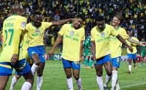 Jayden Adams celebrating with his Mamelodi Sundowns teammates