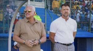 Cape Town City FC chairman John Comitis and Eric Tinkler standing by the bench