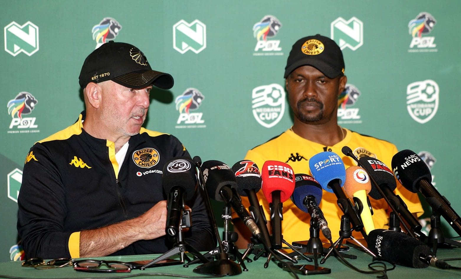 Kaizer Chiefs coach Nasreddine Nabi and assistant coach Cedric Kaze addressing the media