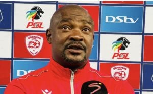 Sekhukhune United coach Lehlohonolo Seema speaking to SuperSport TV