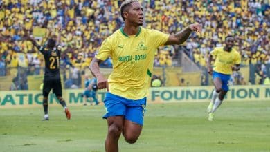 Lucas Ribeiro Costa celebrating for Mamelodi Sundowns against Kaizer Chiefs