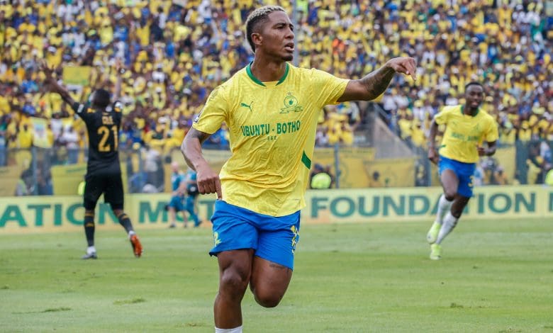 Lucas Ribeiro Costa celebrating for Mamelodi Sundowns against Kaizer Chiefs