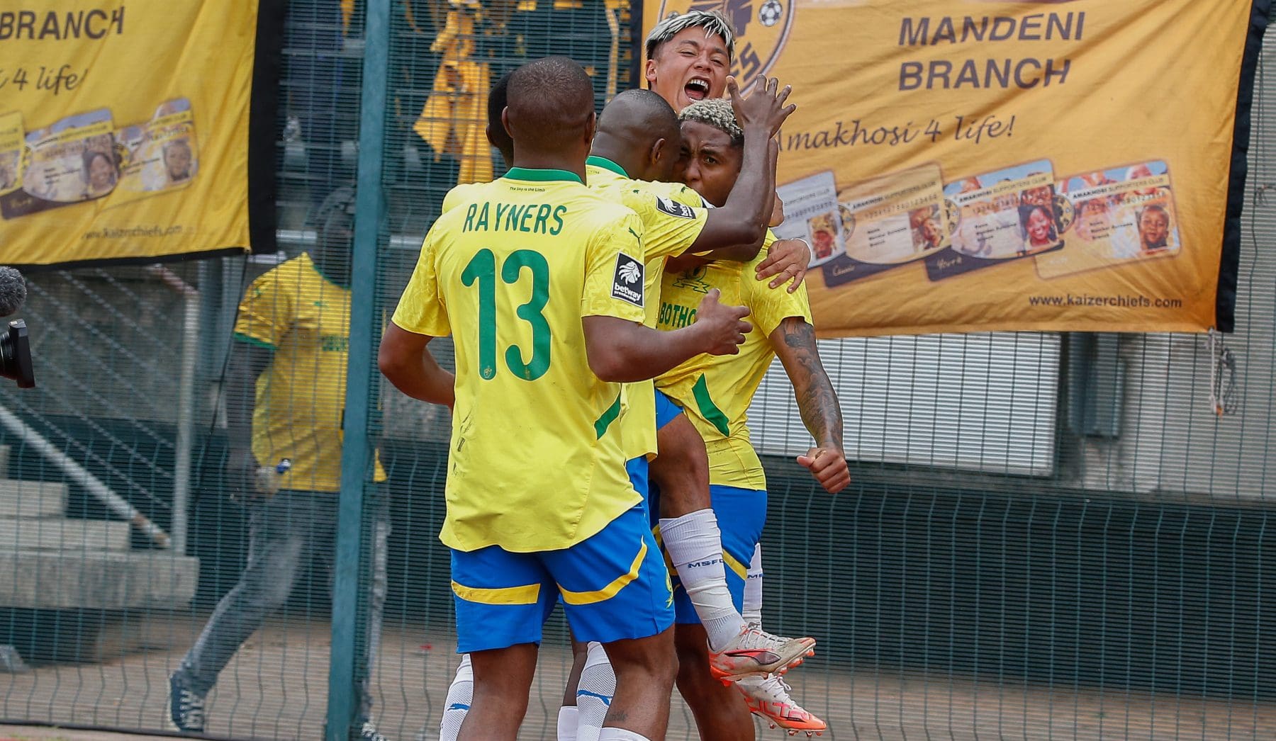 Lucas Ribeiro Costa celebrating with Mamelodi Sundowns teammates against Kaizer Chiefs