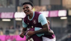 Burnley FC striker Lyle Foster celebrating his goal against Luton Town