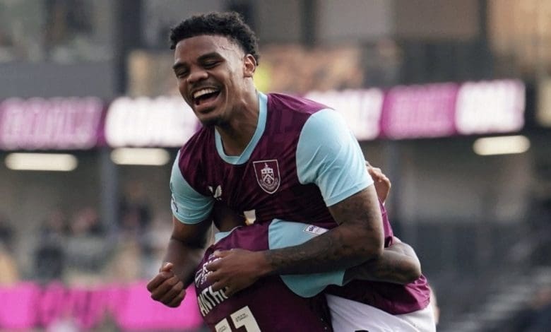 Burnley FC striker Lyle Foster celebrating his goal against Luton Town