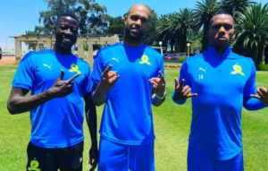 Mamelodi Sundowns goalkeepers Ismail Watenga, Reyaad Pieterse, and Ricardo Goss in the club’s training session at Chloorkop