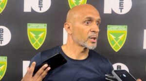 Mamelodi Sundowns coach Miguel Cardoso speaking with media