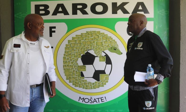 Khurishi Mphahlele and Dan Malesela posing for an official picture at Baroka Village