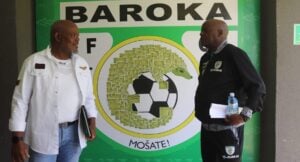 Khurishi Mphahlele and Dan Malesela posing for an official picture at Baroka Village