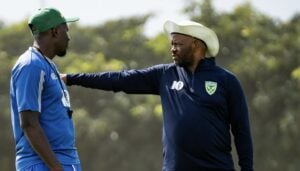 Golden Arrows coaches Manqoba Mngqithi and Musa Bilankulu during training session