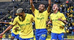 Mamelodi Sundowns’ Peter Shalulile and teammates celebrating a goal