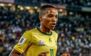 Relebohile Mofokeng in celebratory mood after scoring against Lesotho for Bafana Bafana