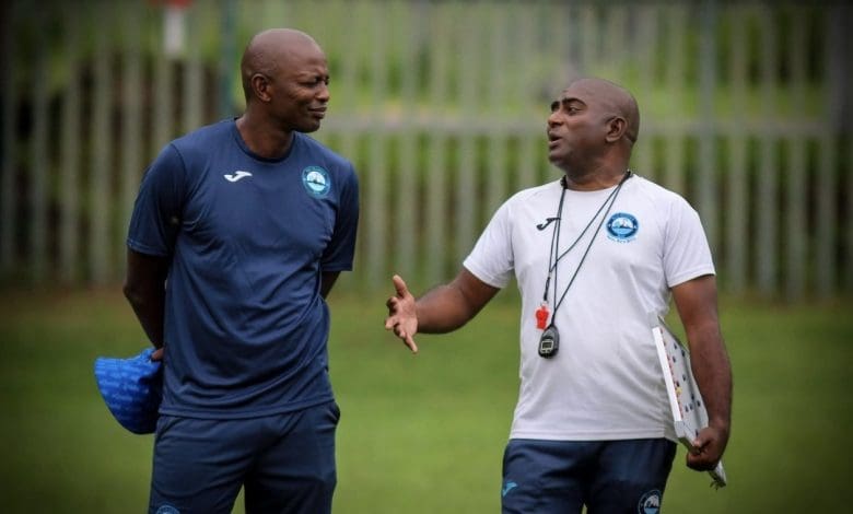 Richards Bay FC co-coaches Papi Zothwane and Ronnie Gabriel speaking during the training session