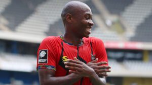 Samukele Kabini of TS Galaxy celebrates goal with teammates