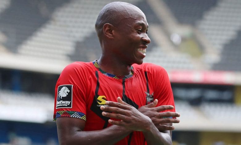 Samukele Kabini of TS Galaxy celebrates goal with teammates