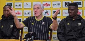 Bafana Bafana coach Hugo Broos addressing members of the media