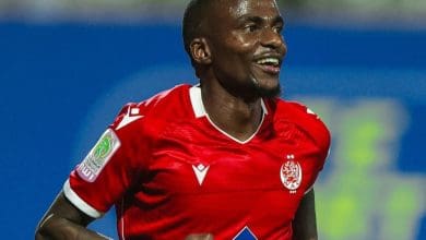 Seasoned forward Thembonkosi Lorch celebrating his first goal for Wydad AC