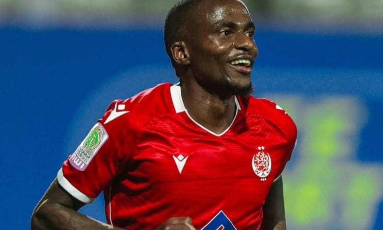 Seasoned forward Thembonkosi Lorch celebrating his first goal for Wydad AC