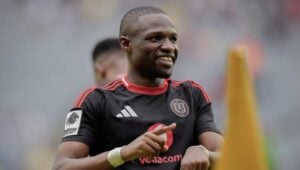 Orlando Pirates striker Tshegofatso Mabasa celebrating after scoring
