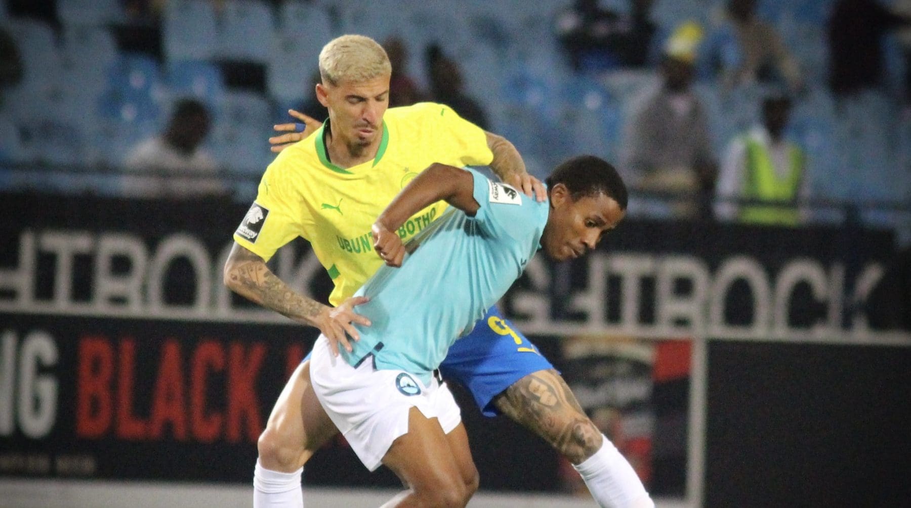 Mamelodi Sundowns attacker Arthur Sales and Richards Bay midfielder Langelihle Mhlongo in the Betway Premiership clash 