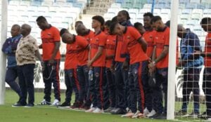 Chippa United players standing in between the posts