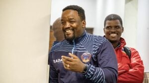 Chippa United coach Thabo September laughing