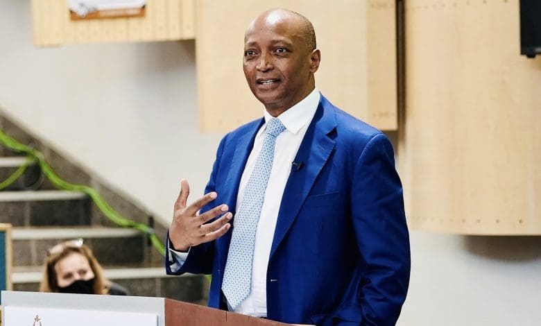 Former Mamelodi Sundowns president and CAF president Dr. Patrice Motsepe delivering the speech