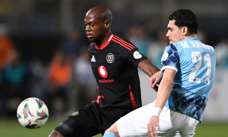 Evidence Makgopa in action for Orlando Pirates in the CAF Champions League semi-final against Pyramids FC.