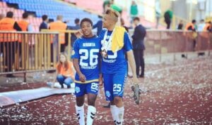 Jaisen Clifford and Kgaogelo Sekgota at FC Stumbras celebrating