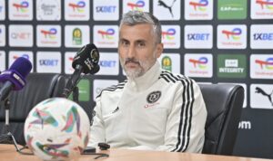 Orlando Pirates coach Jose Riveiro speaking during the press conference