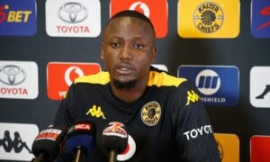 Kaizer Chiefs goalkeeper Bruce Bvuma speaking to the media