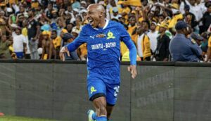 Mamelodi Sundowns defender Khuliso Mudau celebrating a goal