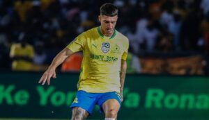Lucas Suarez of Mamelodi Sundowns kicking the ball