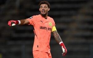 Ronwen Williams of Mamelodi Sundowns during the Betway Premiership 2024/25 match between Mamelodi Sundowns and AmaZulu FC on the 11 March 2025 at Lucas Moripe Stadium in Atteridgeville