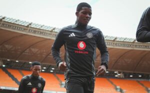 Mbekezeli Mbokazi during Orlando Pirates' warm up at FNB Stadium
