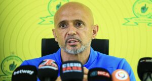 Mamelodi Sundowns coach Miguel Cardoso speaking during the presser