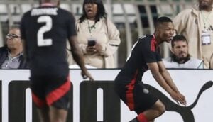 Orlando Pirates attacker Mohau Nkota celebrating after scoring a goal