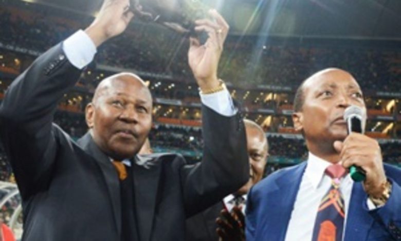 Patrice Motsepe and Kaizer Motaung sharing a moment after a Kaizer Chiefs game