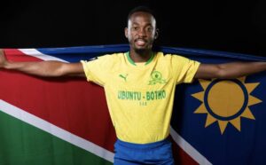 Mamelodi Sundowns striker Peter Shalulile displays a Namibian Flag.