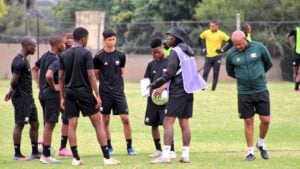 Reneilwe Letsholonyane with Amajita squad during a training session