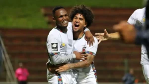 TS Galaxy duo Kamogelo Sebelebele and Keagan Dolly celebrating a goal