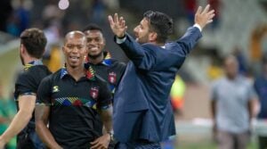 Vuyo Mere and TS Galaxy head coach Adnan Beganovic in celebratory mood